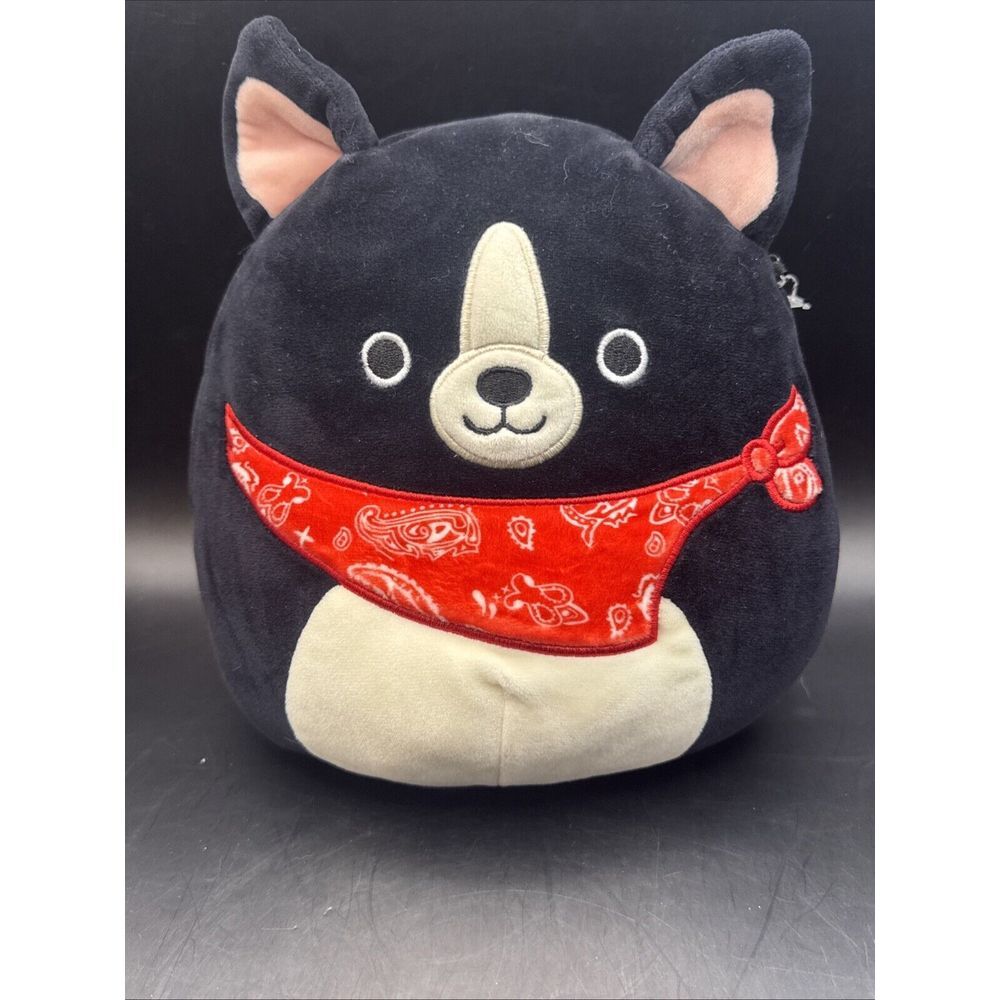 8" SQUISHMALLOWS Black Dog with Red Bandana Border Collie Plush Super Soft
